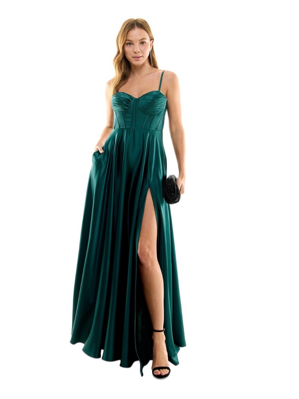 B. Darlin Hunter Emerald Green Satin Sweetheart Formal Maxi Dress with High Slit